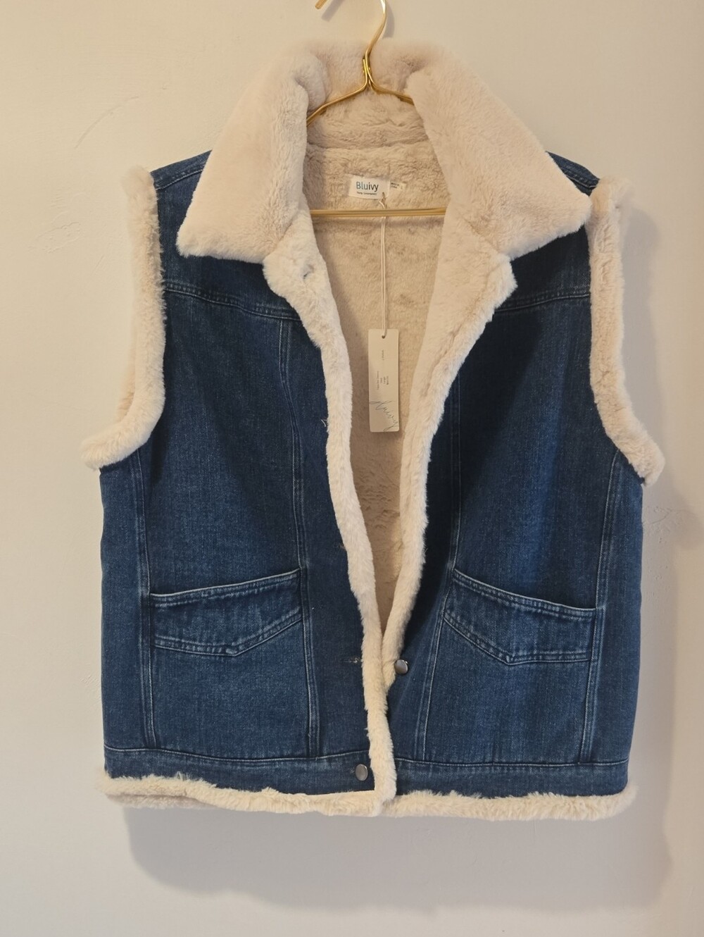 Bluivy Dark Blue Denim Vest with Cream Faux Shearling Trim